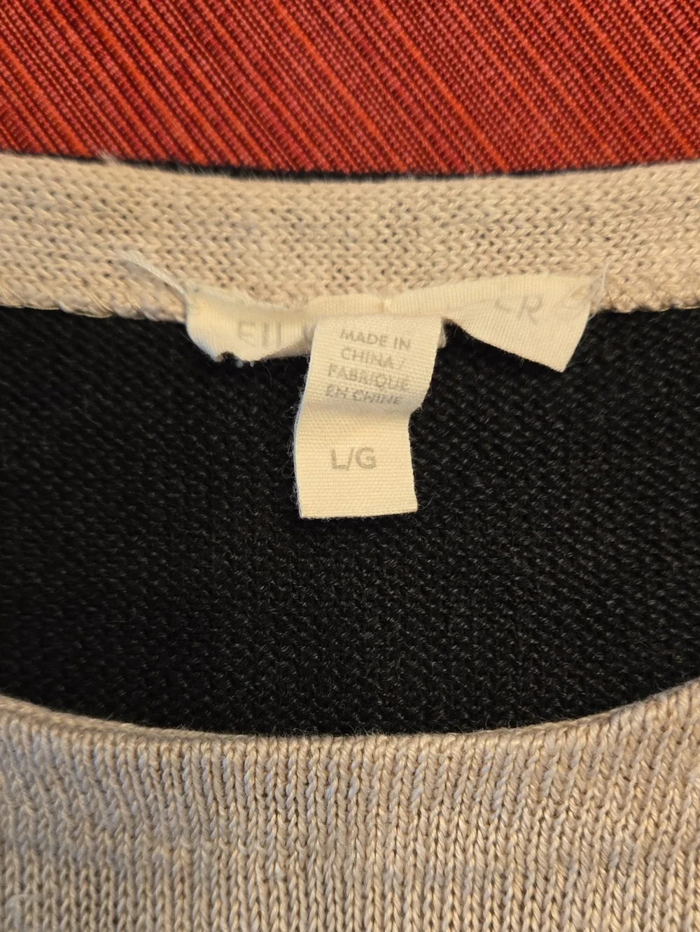Eileen Fisher Black and Tan Striped Crewneck Linen Sweater, Size L